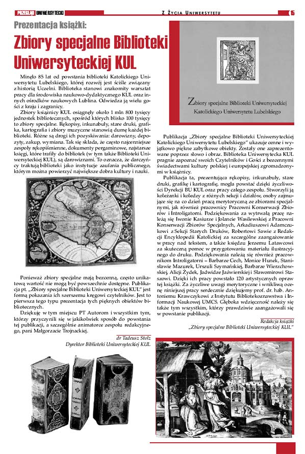  Przegląd Uniwersytecki, nr 4 [96], VII-VIII 2005 r. prezentacja książki 'Zbiory specjalne BU KUL' 