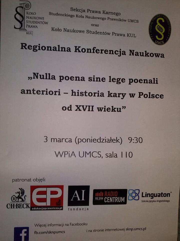 Regionalna Konferencja Naukowa "Nulla poena sine lege poenali anteriori - historia kary w Polsce od XVII wieku"