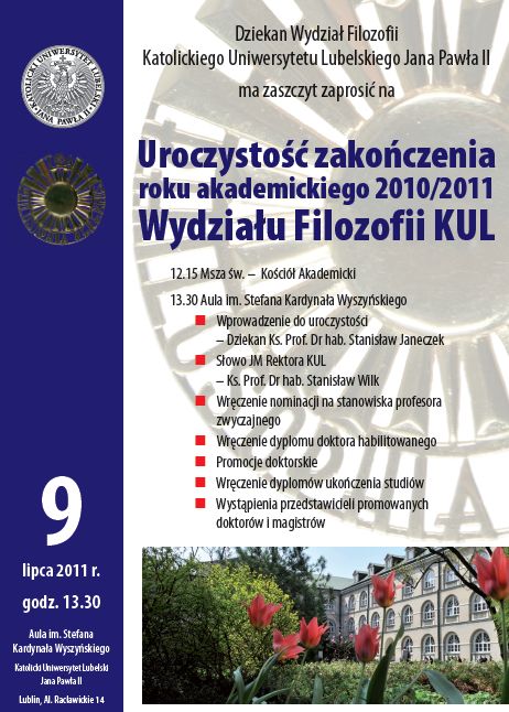 Uroczystość Zakończenia Roku Akademickiego 2010/2011 na Wydziale Filozofii - plakat w pliku pdf